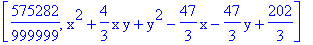 [575282/999999, x^2+4/3*x*y+y^2-47/3*x-47/3*y+202/3]